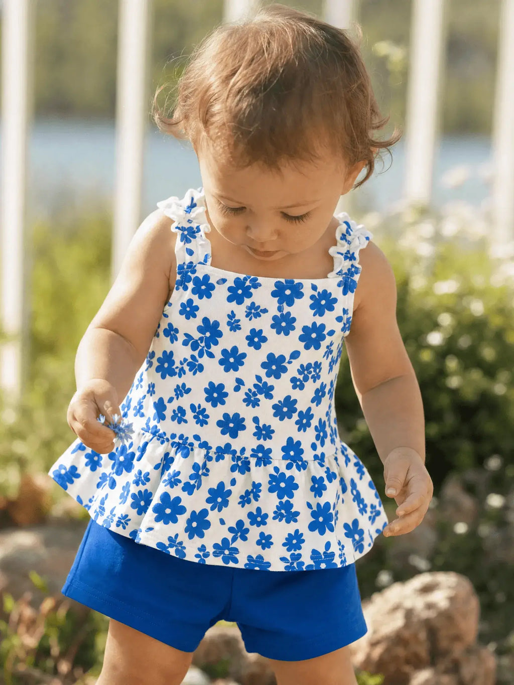 Blue Floral Print Top and Shorts Set