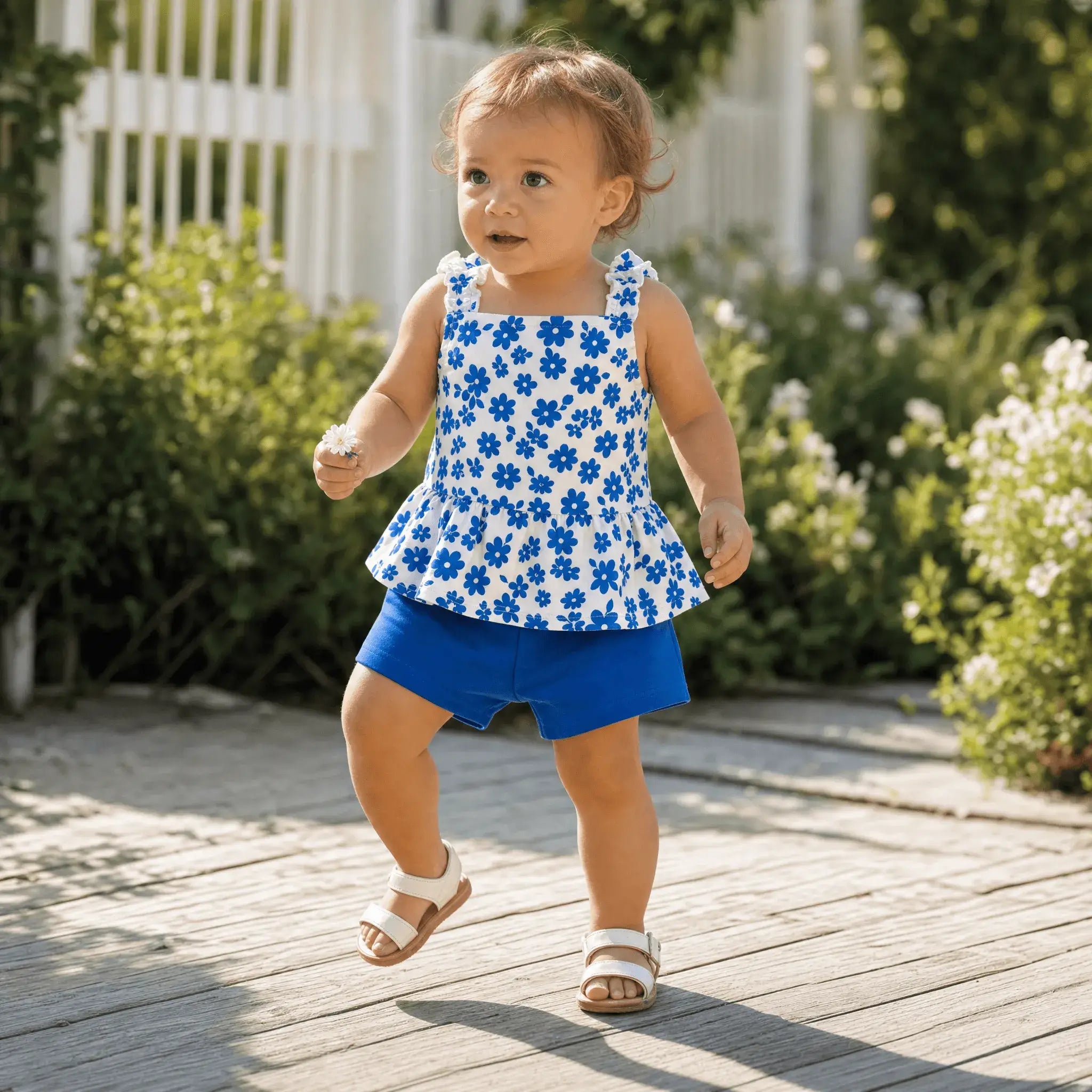 Blue Floral Print Top and Shorts Set